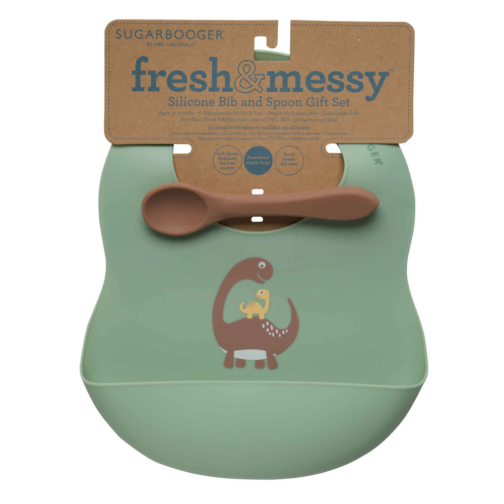 Fresh & Messy Silicone Bib & Spoon Set | Baby Dinosaur